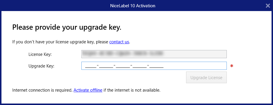 Tela de ativação do NiceLabel para inserir a chave de upgrade da licença